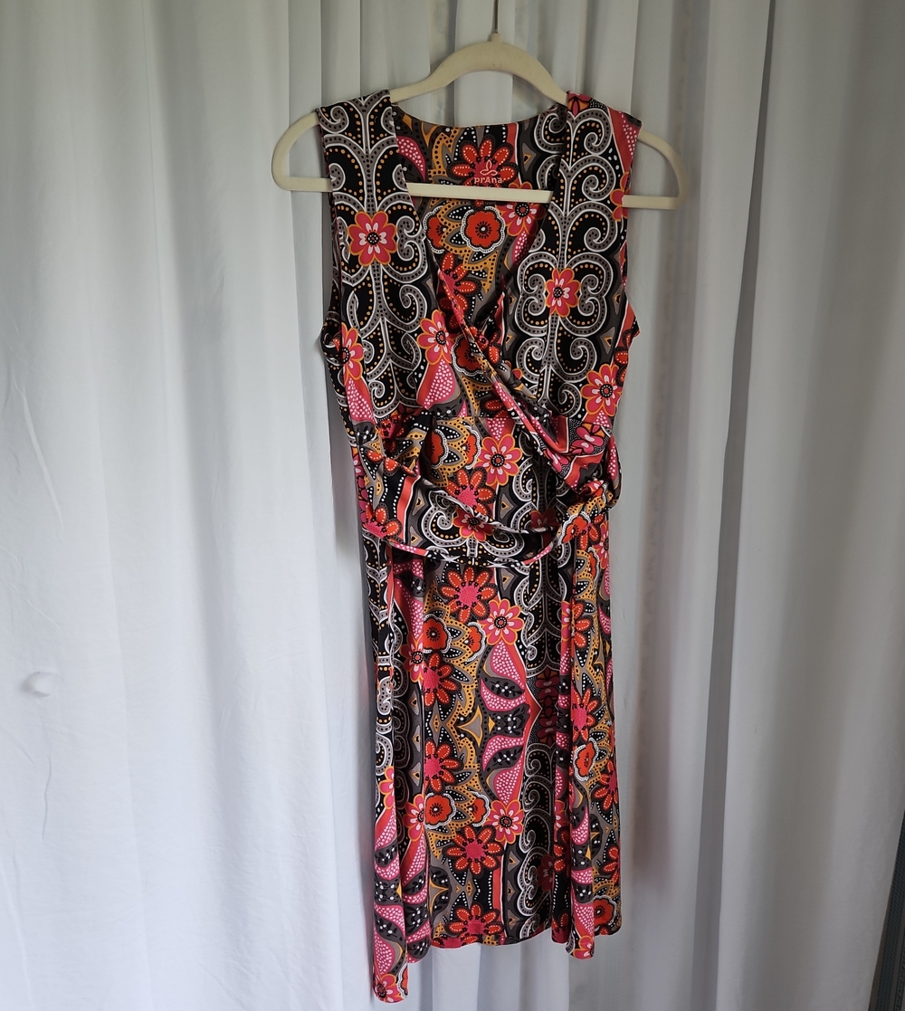 Prana Women's Sleeveless Pink & Orange Floral Print Faux Wrap Midi Dress-Medium